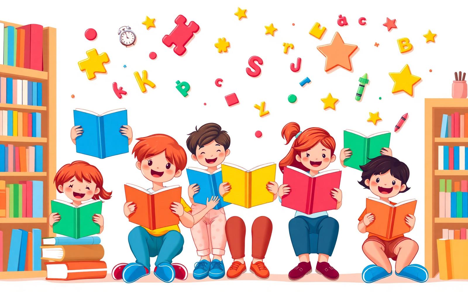 Niños alegres leyendo libros de colores